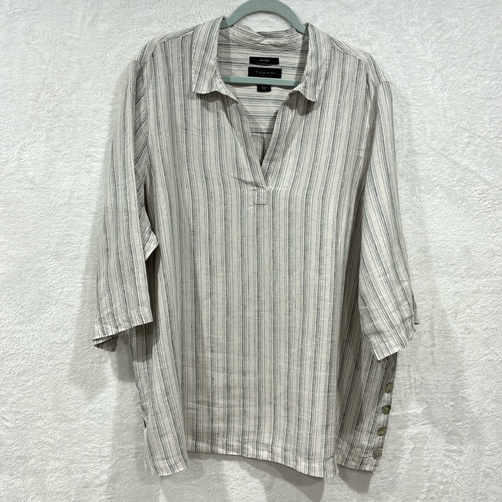 Tahari Linen Blouse 2X Striped Pearl Button Top